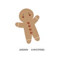 Merry Christmas. Cartoon gingerbread man, hand drawing lettering. holiday theme. Colorful vector illustration, flat style. Royalty Free Stock Photo